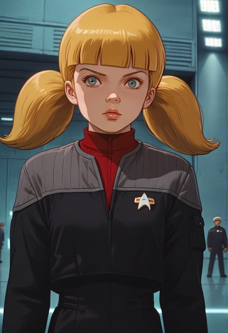 score_7_up, 1girl, solo, knva, penny \(inspector gadget\), blonde hair, twintails,
ds9st, black and grey star trek uniform, grey shoulders, red neck, black jumpsuit, red strip at wrist, long black sleeves,