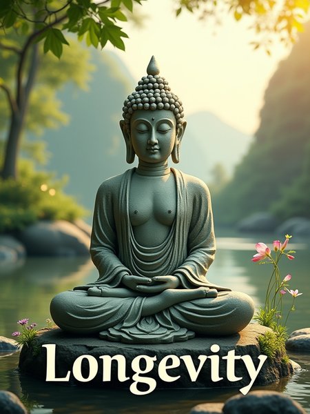 Revised Poster Design Concept: Stone Buddha in Tranquil Nature
Overall Style:

Natural Serenity: The poster will focus on the peaceful coexistence of the stone Buddha with a serene natural environment, emphasizing themes of longevity and tranquility.
Stone Buddha Design:

Material: The Buddha will be crafted from textured stone, showcasing intricate carvings and a weathered appearance that reflects wisdom and endurance.
Pose: The Buddha will be depicted in a meditative pose, with a calm expression that invites contemplation.
Background Design:

Natural Setting: The background will feature a lush, tranquil landscape—gentle hills, flowing water, and vibrant greenery—symbolizing life and longevity.
Soft Lighting: A warm, golden light will filter through the leaves, casting dappled shadows around the stone Buddha, enhancing the serene atmosphere.
Light and Shadow Effects:

Natural Highlights: Soft sunlight will create gentle highlights on the stone surface, emphasizing the Buddha's features while maintaining a natural look.
Shadow Play: The interplay of light and shadow will add depth to the scene, creating a calming and inviting ambiance.
Text:

Phrase: Prominently feature the word: "Longevity" at the center or bottom of the poster.
Font Style: Use an elegant, flowing font that resembles traditional calligraphy, perhaps in a soft green or earthy tone to harmonize with the natural setting.
Additional Elements:

Floral Accents: Incorporate subtle floral elements around the base of the Buddha, such as lotus flowers or other blossoms, symbolizing purity and renewal.
Nature Motifs: Add delicate patterns of leaves or vines in the background or as a border to enhance the connection to nature.
Overall Effect:
This poster will evoke a sense of peace and harmony through the stone Buddha set in a tranquil natural environment.  The prominent focus on the word "Longevity" will reinforce themes of enduring life and wisdom, while the serene colors and textures will create a calming visual experience that invites reflection and appreciation for nature and life.