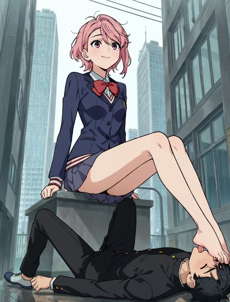 masterpiece,best quality,amazing quality,very aesthetic,absurdres,newest, huge filesize, anime screenshot,  volumetric lighting,
<lora:spo_sdxl_10ep_4k-data_lora_webui:0.5>,
 clear image, anime screencap, hetero, femdom, forced sucking foot, cityscape, bdsm, foot fetish, 1girl (KJOburnice skinny, dominant female, looks at him), BREAK 1guy (submissive male) sitting, 
BREAK
<lora:AiraShiratori-IL-v1-07:0.7>, ChopioAira, short hair, pink hair, swept bangs, hair between eyes, lips, pink eyes,small breasts, narrow waist, outfit_1, blazer, blue jacket, collared shirt, red bowtie, long sleeves, pleated skirt, blue skirt, miniskirt,
BREAK
foot in mouth,lying, facing up,foot on face, stepped on, 
 ken takakura, short hair, messy hair, black hair,school uniform, gakuran, long sleeves, black pants,shy,  <lora:ken_takakura_anime_v2-soralz:0.7>
closed eyes male, happy, tongue out,