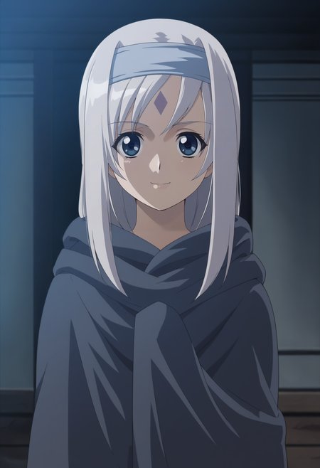 <lora:Yukina-Girls_Bravo:0.8>,1girl,solo,Yukina,hairband,blue eyes,white hair,long hair,facial mark,forehead mark,anime coloring,
cloak,hooded cloak,hood,upper body, looking at viewer, smile,indoors