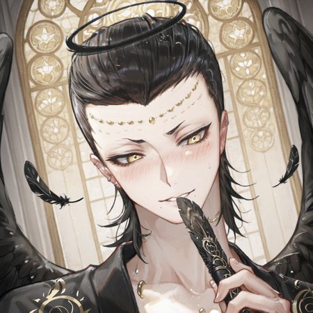 (masterpiece, best quality, ultra-detailed, hyperrealistic, breathtaking, stunning composition, celestial perfection, divine beauty, heavenly radiance, cinematic lighting, soft glow, ultra-smooth shading, depth_of_field, intricate detailing, sacred atmosphere, painterly realism), WHBBelphegor, 1boy, male_focus:1.4, black_hair, slicked_back_hair, luminous_white_eyes, black_halo, faint_golden_light_around_halo, serene cute angry face, black large wings:1.4, multiple black large wings:1.4, ethereal_purity, flowing dark gold silk robes, intricate_gold_embroidery, heavenly_light_rays, celestial_dust_particles_floating, warm_sunset_reflections_on_skin, delicate_wind_tousling_hair, soft_rim_light_highlighting_face, angelic_aura, flawless_translucent_skin, subtle_blush, parted lips, golden_metallic_accents_on_clothing, glowing_stained_glass_reflection, dreamy_light_refractions, white_feathers_floating_around, shimmering_air, godly_presence, majestic_background, soft_bloom_effect, rich_baroque_architecture, grand_staircase_leading_to_heavenly_light, divine_grace_embodied, sacred_glow, whisper_of_warm_air, peaceful_pure_mood, indescribable_beauty, golden_hour_lighting, divine_reverence, soft-focus_background, light_orbs_dancing_in_air, otherworldly_perfection, close-up portrait, from the side, slightly tilted angle, from underneath,  **holding a dark ethereal flute, playing a hauntingly beautiful melody, lips gently pressed against the mouthpiece, fingers gliding over the silver-engraved keys, wisps of dark mist spiraling from the instrument, spectral musical notes glowing mid-air, intense focused gaze, body slightly tilted, golden silk flowing around him, magical sound waves shaping celestial runes, black feathers drifting around, the entire world vibrating with divine music, a sacred aura radiating from the melody, the sky shimmering with cosmic brilliance, angelic presence overwhelming the scene**. <lora:WHB_Belphegor:1>  <lora:Style_4k-data_lora_webui:0.8>