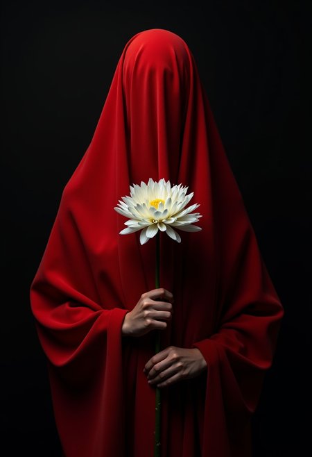 red cloth draped figure, white chrysanthemum, conceptual portrait, anonymous subject, obscured human form, mysterious atmosphere, minimalist composition, dark moody lighting, rich textures, monochromatic scheme,best quality,masterpiece,