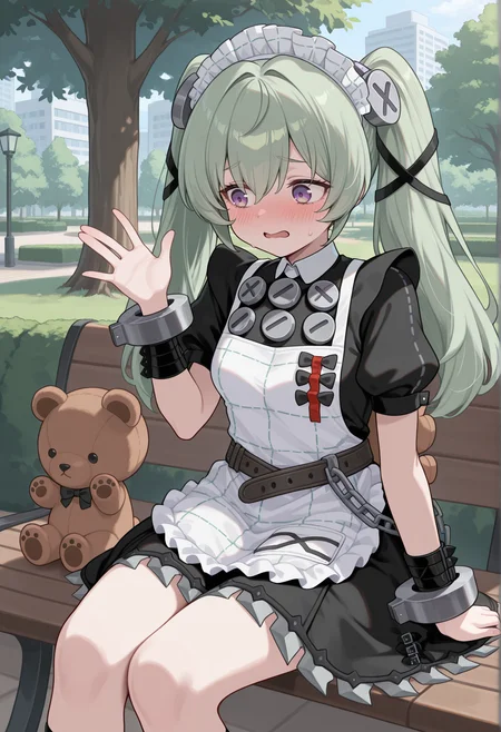 purple eyes, embarrassed, 1girl, solo, long hair, green hair, twintails, screw hair ornament, maid, maid headdress, maid unifrom, screw, apron, wristbands, shackles, short sleeves, puffy sleeves, belt, chain, holding teddy bear, waving, outdoors, park, sitting <lora:corin_illus:1>, masterpiece, best quality, amazing quality, very aesthetic, absurdres, highres, newest