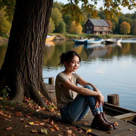 profession photograph  still a gorgeous, teenager sitting on a bench on a dock next to a lake,  t-shirt and jeans, leather shoe, cute teenager smiles, pony hair,  under the shade of a old giant tree, falling autumn leaf.  rustic old house, broken windows, broken boats,  reflects from the lake water,  detail attention to the eye and face, gorgeous.
 <lora:fluxenhancer:1>  <lora:Gulnazar_Flux_rank16_bf16:1>
