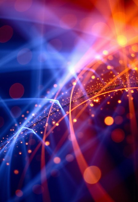 Fractals and bokeh swirl in brilliant shades of blue, purple and red. burned colors glowing with orange heat.  Bands of white light dash across the canvas. High saturation and contrast. sharp lines come into focus.