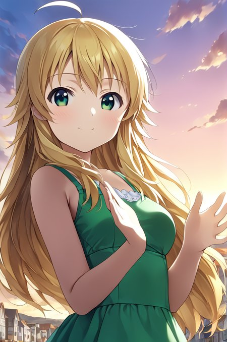 hoshii_miki, 1girl, solo,petite,long hair, blonde hair, green eyes,ahoge,medium breasts,close up,standing,looking at viewer,flowerhands, Make flower shape with both hands, open palms,incoming,upperbody,smile,cloud,sunset,town,wind<lora:Hoshii_Miki:0.7> <lora:better skin typeB-v1:0.7> <lora:XDetail_light:1>masterpiece,best quality,source anime
 <lora:negativeXL_D:1> <lora:_sdxl-flowerhands:0.7>