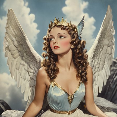 <lora:30sTechnicolorMovieV2SDXL:1> ArsMovieStill, movie still from a 1930s technicolor movie, The image shows a woman with angel wings and a crown on her head sitting atop a rock with a sky full of clouds in the background., 1girl, wings, solo, dress, feathered wings, curly hair, sky, long hair, realistic, angel wings