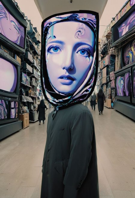 The Mona Lisa, displayed in the warped timelines of an enigmatic glitch spectre as he walks in paranoia through the busy streets of Tel Aviv