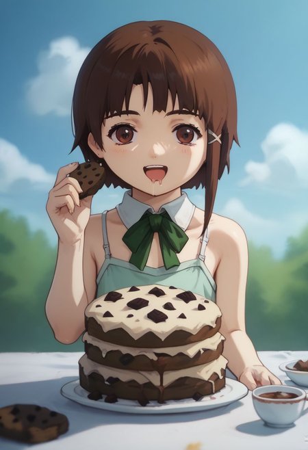 score_9, score_8_up, score_7_up, score_6, source_anime, lain, brown hair, ((light green camisole, green bowtie)), table, tartan tablecloth, (single tea pot, single tea cup), ((overjoyed, extremely happy, hypomania, drooling, eating, bulimic)), ((big cupcakes, huge cakes, brownies, cookies)), cute, (chibi), close view, clouds sky background, outdoors, airborne