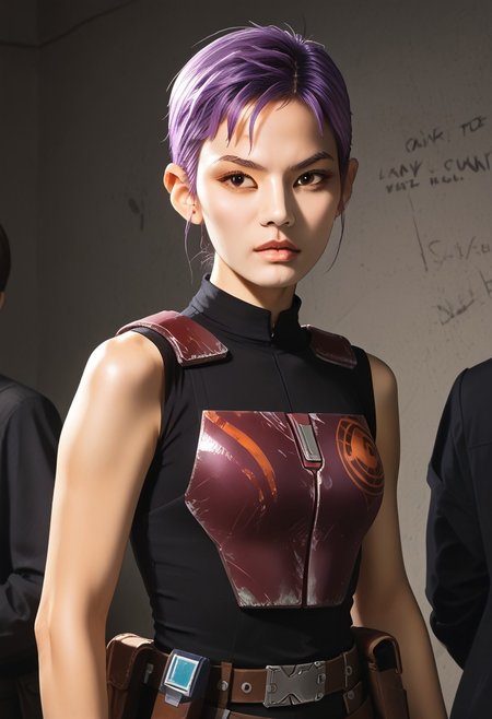 score_9, score_8_up, score_7_up, score_6_up,
1 girl , big eyes, 1 gorgeous girl) asian girl
purple hair, Brown eyes, Morena Skin, short hair, dark purple hair, almond-shaped Asian eyes, square-shaped face, light brown skin color, brown skin (short asymmetrical haircut, dyed in dark purple), boy short hair cut, (buzz-cut, tomboy-cut)
Futuristic female Mandalorian warrior with East Asian features, short purple hair (purple), 
wearing a sleek Mandalorian armor with graffiti-style paint patterns in purple, orange, and gray. 
She has a confident, rebellious expression, detailed armor with a phoenix symbol on the shoulder plate, leather gloves, utility belt, blaster holsters. 
Futuristic sci-fi background, cinematic lighting, high detail
portrait picture
