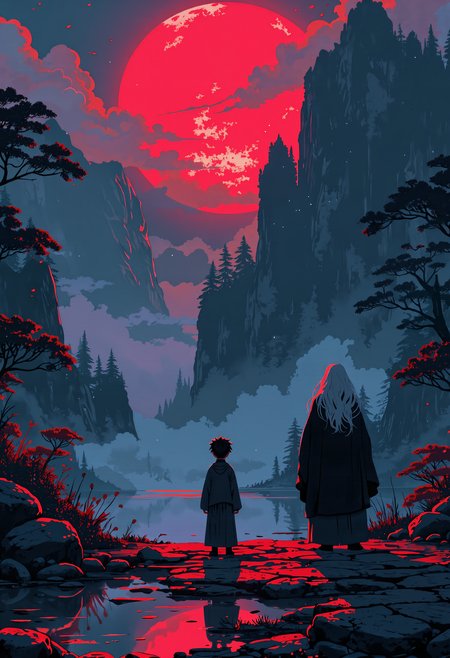 anime style, mythp0rt, In the shadowy depths of the Laoshan mountains, a young scholar stands before a mystical Taoist master, his face lit by the faint glow of crimson moonlight filtering through the dense forest. The air is thick with the scent of ancient pines, and the distant echoes of chanting can be heard. The Taoist, with long flowing white hair, imparts the secret of passing through wallsâa skill that defies the laws of the physical world. The scene is charged with an aura of mysticism and quiet power, as the scholar's eager eyes reflect the moonlit silhouette of the towering mountains, unaware of the trials that lie ahead. The atmosphere is one of quiet anticipation and the untamed energy of ancient magic, highlighting the profound contrast between the scholar's naivety and the wisdom of the old Taoist master  <lora:FluxMythP0rtr4itStyle:0.5>  <lora:Halftone_Flux:0.3> <lora:MJanime_Flux_LoRa_v3_Final:1>