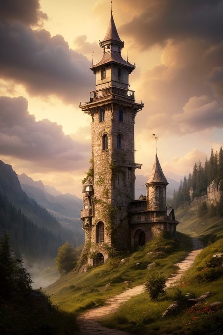 realistic analog photo, award winning photo, vary wide shot of magic stone witow tower:1.3, (Military watchtower), scenery,  fantasy, hills, dirt road, nature, outdoors, RAW, highres, 8k, uhd, High Dynamic Range, tonemapping, crisp details,