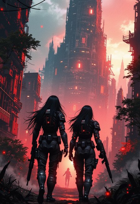 A digital painting in the style of ck-js, two female space marines with long flowing hair, dark eye make-up, red lips, wearing power armour, armed with assault rifles, cautiously walking towards the viewer through  a ruined alien sci-fi city of colossal buildings and towers, damaged and rusted surfaces, half-destroyed tower bocks, overgrown by jungle vegetation, large depth of field, sunset, directional lighting, black, red, blue and and white abstract colour palette