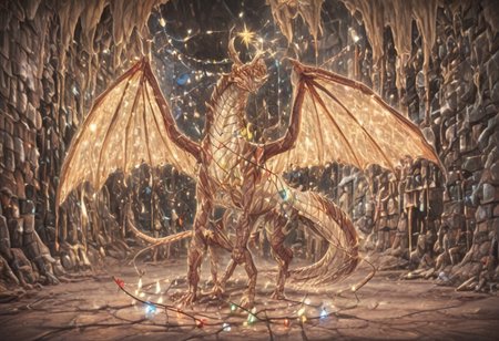 Dragon in Christmas cave, cave, festive cave, Christmas decorations, Christmas lights
(((Sparkling, Sparkly))) glowing dragon, christmas dragon, dragon wrapped in Christmas lights, glowing matrix, glowing Christmas lights, hyper realistic, photorealistic, HD, High detail, High detail eyes, high detail face, wings, glowing wings, light scales, glowing Christmas lights on wings, glowing light scales, tail, tail wrapped in Christmas lights, four legs, 
BREAK 
Snowy background