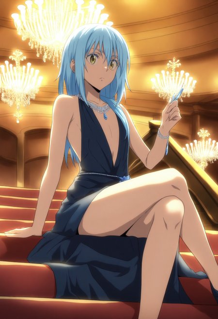 <lora:Rimuru Tempest. - [That Time I Got Reincarnated as a Slime] - illustriousXL v1:1>, sysdeep_rimuru, solo, blue hair, androgynous, evening gown, sitting, on a grand staircase, holding a clutch, chandelier above, anime coloring