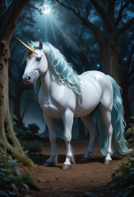 (medium full shot) of (pure delicate unicorn), rainbow eyes, sky blue silky coat, long horn, glittering mane, jeweled collar, set in  an ancient magical grove, with towering trees, mysterious markings, a sense of history, under the moonlight, ,Masterpiece,best quality, raw photo, realistic, very aesthetic, dark