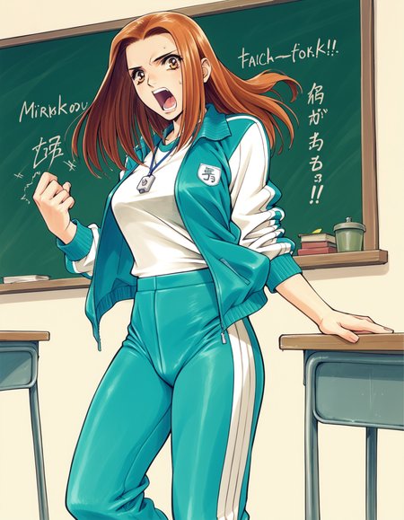 score_9,  score_8_up, score_7_up, <lora:peridot-voice-ponyxl-000022:0.8> minako, track jacket, open jacket, white shirt, track pants,
1girl, solo, whistle around neck, classroom, teacher, chalkboard, podium, shouting