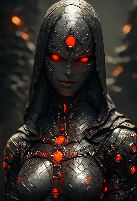 score_9, score_8_up, score_7_up, score_6_up, 1girl, robotic parts, cyborg body, metal skin, red glowing joint, black skin, hood down,  slutty Smile, skank, slutty, seductive, Curious Eyes, hourglass figure, medium breasts, large ass, thigh gap, (Standing with the upper body leaning back), hkevil, sinozick style, flat color, dark theme, Expressiveh, harness, garter, straps, cupless bra