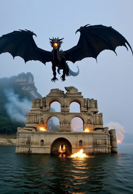 QU3CHULA, ruins, temple, water, full building view, lake FOG, DARKNESS, NIGHT, FULL MOON, TORCHS, SHADOWS, masterpiece, best quality, very aesthetic, absurdres
a giant black dragon big wings 4 legs 2 heads throwing one head throw fire other head throw poison inside the ruins  a group of warrior on a boat ready to fight, eagles flying