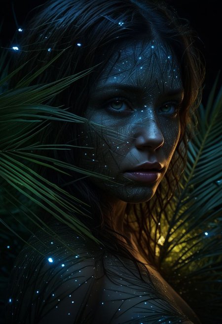 close-up face, mysterious silhouette of a woman, glowing fireflies illuminating her, night time palm trees, goddess, alluring, by Minjae Lee, Carne Griffiths, Emily Kell, Steve McCurry, Geoffroy Thoorens, Aaron Horkey, Jordan Grimmer, Greg Rutkowski, amazing depth, double exposure, surreal, geometric patterns, intricately detailed, bokeh,  perfect balanced, deep fine borders, artistic photorealism , smooth,  great masterwork by Suiras  <lora:add-detail-xl:2>  <lora:Double_Exposure:0.5>