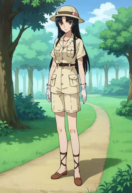 score_9,score_8_up,score_7_up,score_6_up,score_5_up,score_4_up,anime coloring BREAK source_anime,anime,<lora:Wang_Liu_Gundam00_Pony_v2:0.8>,liumeis2,1girl,solo,brown eyes,black hair,long hair,parted bangs,pith helmet,safari outfit,white gloves,shorts,ankle lace-up,standing,looking_at_viewer,outdoors,