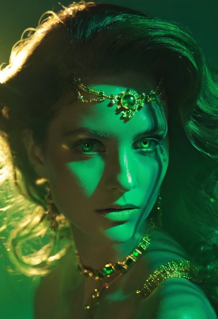 A close-up beauty shot for Vogue Italia, featuring a model with luminous skin adorned with layered gold and emerald jewelry. She gazes directly at the camera with an enigmatic expression, the image awash in a soft, diffused emerald green light that casts an ethereal glow. Her hair, styled in sleek waves, partially obscures her face, creating a sense of mystery. The jewelry, a blend of modern and antique pieces, reflects the green light, adding depth and intrigue to the composition.