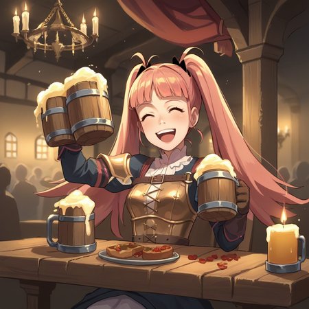 score_9, score_8_up, score_7_up, score_6_up, score_5_up, score_4_up, zPDXL2,source_anime,rating_questionable, 1girl, solo,  night, night time,sitting, medieval armor,cheering, raising beer mug, excited, hilda_valentine_goneril , smile, <lora:Tavern:0.7> t4v3rn, indoors, tables, window, chandelier, candles, food, crowd