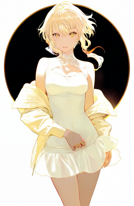 1girl, solo, breasts, looking_at_viewer, blonde_hair, dress, yellow_eyes, white_dress, short_hair_with_long_locks
