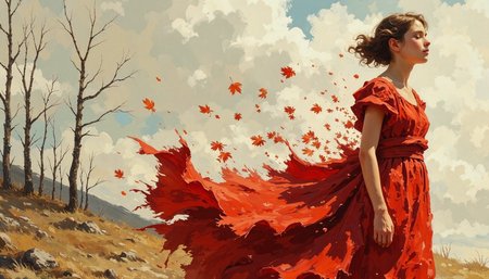 Composition and Focal Points:

Central Figure: The focal point of the image is a young woman wearing a flowing, vibrant red dress. She is captured in profile, facing the right side of the frame, her head tilted slightly upward in a serene or resigned expression.
Dress Transformation: The red dress dissolves into a flurry of leaves or fragments that scatter behind her, blending into the environment. The disintegration creates a sense of movement and ethereal fragility, adding a surreal element to the composition.
Background: The backdrop is a barren, muted landscape with a textured, cloudy sky. The starkness of the environment enhances the focus on the woman. A few tall, dark trees are visible in the distance, their sharp verticality contrasting with the soft scattering of the dress.
Artistic Style:

Surreal and Symbolic: The artwork uses surreal elements to convey emotion and narrative. The scattering of the dress as leaves is both fantastical and metaphorical, blending realism and abstraction.
Illustrative Quality: The image has a painterly style with smooth transitions between elements, a soft focus on the background, and intricate detailing on the dress and leaves.
Color Palette:

Dominant Colors: The red of the dress is the most striking and dominant color, symbolizing passion, life, or possibly loss.
Muted Tones: The background consists of soft beige, grey, and brown tones, emphasizing the barren and melancholic atmosphere.
Subtle Contrast: The deep red of the dress contrasts dramatically with the muted, neutral hues of the background, drawing attention to the central figure.
Lighting and Tonal Qualities:

Soft Lighting: The lighting is diffuse and ambient, creating a subtle glow around the figure. Shadows are minimal and understated, giving the image a dreamlike quality.
Muted Highlights: Highlights are soft and primarily focused on the woman's face, hair, and parts of her dress, creating a gentle emphasis on her expression and the dress’s dynamic flow.
Textures and Patterns:

Dress and Leaves: The dress begins as a flowing, smooth fabric but dissolves into textured, jagged fragments that resemble leaves, creating a visually captivating transition from solid to scattered.
Sky and Ground: The textured sky and barren ground are rough and painterly, adding depth and contrast to the smoothness of the figure and dress.
Mood and Atmosphere:

Melancholic and Poignant: The image evokes a sense of sorrow, loss, or transformation. The woman’s calm posture and the dispersing dress suggest acceptance or a peaceful surrender to the circumstances.
Surreal and Dreamlike: The scattering of the dress and the barren backdrop create an ethereal atmosphere, as though the scene is unfolding in a metaphorical or imaginary realm.
Symbolism and Themes:

Loss and Transformation: The scattering of the dress into leaves symbolizes fragility, decay, or a transformation—perhaps shedding parts of oneself or life.
Resilience and Grace: Despite the arrow piercing her, the woman remains composed and upright, suggesting resilience in the face of hardship.
Connection to Nature: The dress turning into leaves ties the figure to nature, hinting at themes of renewal, the cycle of life, or blending into the environment.