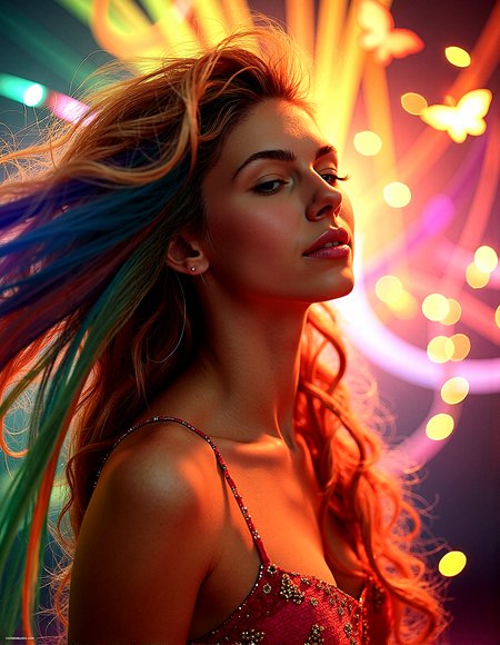 vintage style from 1930s,
Extreme realism in a complex, highly detailed composition featuring a woman with extremely long flowing rainbow-colored hair. The glowing background, with its vibrant colors, exaggerated details, intricate textures, and dynamic lighting, creates a whimsical, dreamy atmosphere in photorealistic quality.

Threads of light that float and weave through the air, adding movement and intrigue.
Patterns on the ground or in the background that glow subtly, adding a layer of complexity.Rainbows that appear faintly in the background, adding a touch of color and wonder.Butterfly wings that shimmer in the light, adding life and movement to the scene.Beams of light that radiate softly through the scene, adding focus and direction.Curtains of light that flow gently through the air, adding movement and a soft glow.

A close-up of her face with her hair slightly wind-swept, creating movement and dynamic texture.




