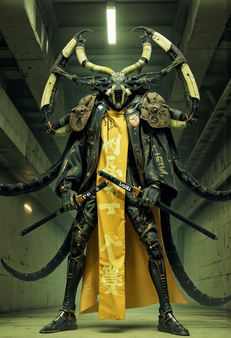. A digital illustration shoot from a frontal camera angle about a humanoid robot with a menacing appearance, standing confidently in a futuristic cyberpunk setting. the image also shows a cyberpunk aesthetic with a sci-fi theme. on the middle of the image, a robot, who appears to be a humanoid creature with a muscular build, wearing a yellow and black kimono with the letters "tkk" on it, is standing confidently with two swords in each hand, facing the viewer. the robot has a menacing expression and is positioned in the center of the frame, with its full body visible from the camera angle. it has a black and yellow color scheme with intricate mechanical details and a long, flowing cape draped over its shoulders, giving it a sense of power and strength. the character has long, tentacles that extend from its body, resembling a spider-like appendage, and is adorned with glowing, japanese characters that add to its menacing appearance. the background is a dimly lit, industrial setting with greenish tones, and the overall mood is ominous and cyberpunk.