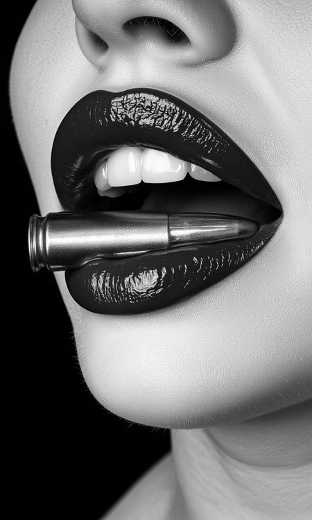 black-and-white photograph that captures the lower half of a person's face, focusing on the mouth and teeth. The subject's lips are painted a glossy, dark shade, possibly a matte lipstick or lip gloss, which creates a smooth, reflective texture. The lips are slightly parted, revealing a row of straight, white teeth. A metallic, large-caliber bullet is inserted horizontally between the lips, with the tip protruding from the right side and the base resting on the left side. The bullet is shiny and has a matte texture, contrasting with the smoothness of the lips. The background is dark, emphasizing the sharp contrast between the light and dark elements in the image. The photograph is highly detailed, capturing the fine textures of the lips and the bullet, as well as the subtle shadows and highlights that add depth to the image. The overall composition is striking and dramatic, with the juxtaposition of the bullet and the lips creating a powerful visual impact. The photograph is likely intended to convey themes of power, strength, or rebellion, with the bullet symbolizing something dangerous or forbidden., <lora:aidmaImageUpraderv0.3:0.4>, aidmaimageupgrader, <lora:diffusion_pytorch_model:1>, <lora:aidmaMJ6.1_v0.5_3:0.7>, aidmaMJ6.1, ultra quality, ultra detailed, intricate details