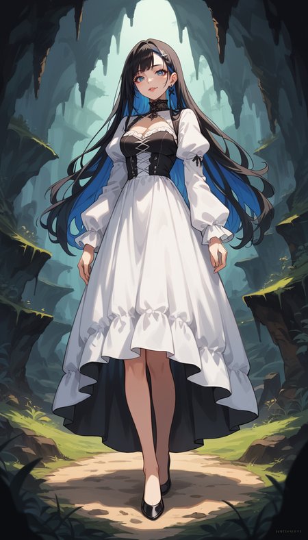 score_9, score_8_up, score_7_up, Anime Style, Full Body Shot, girl, cute, seductive, innocent, light smile:0.3, plump lips, slender body, multicolored hair, wild hair, in gothic white dress, mane, Cave Background, depth of field, dynamic angle, fashion photography, sharp, hyperdetailed:1.15