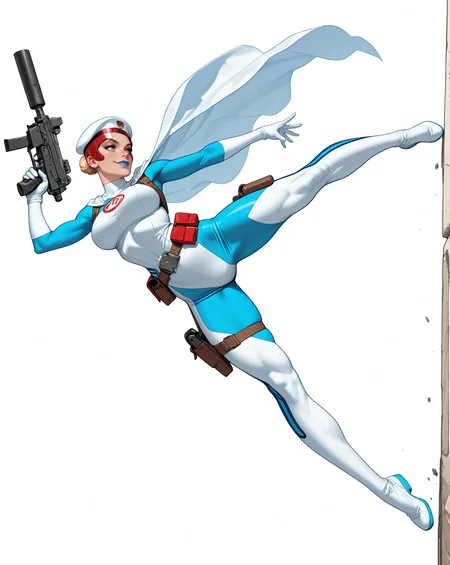 solo, (full body shot, wide shot:1.2), 1girl, (30 year old Russian woman:1.2), beautiful female cyborg spy, fair skin, (white with light blue accents superhero bodysuit with armor padding:1.3), white body armor vest, thigh pistol holsters, white cloak, white military beret, cyborg, cybernetic seams, utility belt, blue eyes, epic red visor, long blonde hair, hair bun, white arm length gloves, slim waist, (toned body:1.1), (large breasts:1.2), wide hips, ultra detailed face, (blue lips:1.2), confident closed mouth smile, strong jaw line, white thigh high superhero boots, (shooting a uzi-pistol machine pistol with a suppressor:1.2), white background, (dynamic pose, dynamic composition, dynamic angle:1.2), digital painting, masterpiece, best quality, very awa, absurdres, 8k, comic art style,  <lora:NOOB_vp1_detailer_by_volnovik_v1:0.6> <lora:noobai_vpred_1_aqm_complete_v3:0.3> masterpiece, best quality, very aesthetic <lora:HyperdetailedColoredPencilIl:0.3> ArsMJStyle, Colored pencil hyperdetailed realism <lora:ponyv6_noobE11_2_adamW:0.3> <lora:illustriousXL_stabilizer_v1.7:0.4> <lora:Comics_IllustriousXL_Lora:0.3> C0M1C5 Style <lora:Superhero_Aesthetic_Illustrious:0.3> SUP3RH3R0 Style, comic art style, <lora:Carlos GomezStyleilluLYCO:0.3> cgstyle, (borderless), <lora:ppw_v7_Illuv1.0_1_r2:0.2>, <lora:anatomy_helper:1> <lora:Uzi_-_Machine_Pistol:0.5>, uzi-pistol