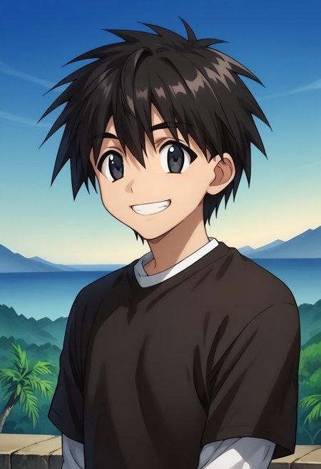 score_9, score_8_up, score_7_up, source_anime, highly detailed, 
ikuto, 1boy, male focus, solo, black hair, hair between eyes, black eyes, shirt, black shirt, white shirt, short over long sleeves,
outdoor, island, palms, sky, upper body, smile, grin,