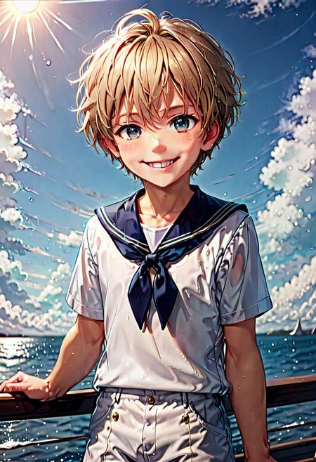 8K, 4K. Handsome sailor boy, wide smiling, with dreamy eyes, sunny day, beautiful sky, absurd. (((With a cute happy sailor girl)))  <lora:sailorboyssdxl_v:1.0>