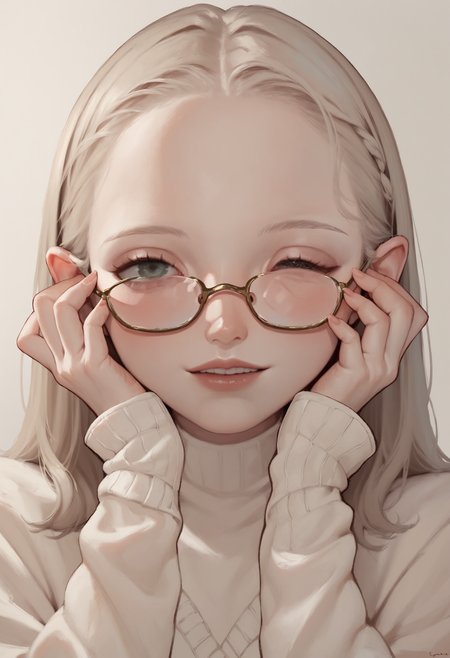 score_9, score_8_up, score_7_up,  score_6_up, 1girl, solo, face close up, smile, glasses, one eye close, hands on face, <lora:12yun30_PonyXL_dim16:1>