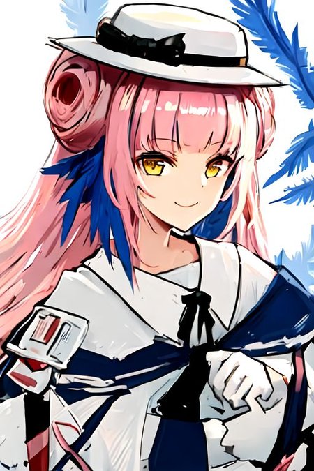 solo_focus, 1girl, ((white background, simple background)):2, (((masterpiece))), ((best quality)), ((ultra-detailed)), high resolution, absurdres, highres, ultra-detailed 8k unity wallpaper, 
ceylon_arknights, long_hair, bangs, pink_hair, feather_hair, feathers, hat, white_headwear, yellow_eyes, blue_feathers, bow, hair_bun, hat_bow, smile, black_bow