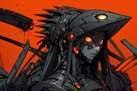 highly insanely detailed, masterpiece, top quality, best quality, highres, 4k, 8k, RAW photo, (very aesthetic, beautiful and aesthetic),  
tsutomu nihei,nihei_tsutomu,blame!,blame gakuen!,abara,TNstyle,sidonia_no_kishi,gauna,gauna mech,futuristic,flock, 
<lora:blameLora_v10:0.8>, 
(1girl:1.3), 
solo focus, 
(pure orange background,transparent background:1.2),âââ