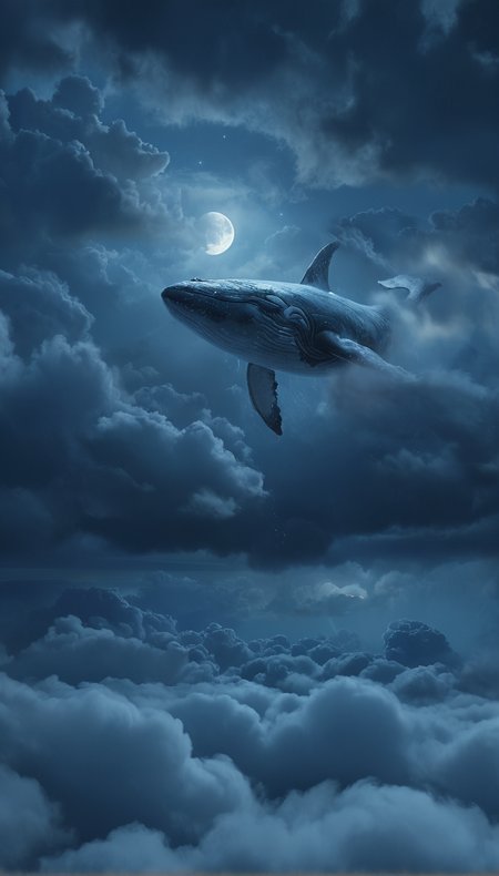 breathtaking masterpiece, extremely detailed and realistic painting, wide color gamut., Dramatic, dynamic, cinematic, sharp details, insane quality. Crazy resolution. Crazy details. Masterpiece. 32k resolution.
at night, a cloudy sky, moon, a whale flies in the sky, emerging from the clouds
 <lora:MJ52:0.8> <lora:add-detail-xl:3> . award-winning, professional, highly detailed