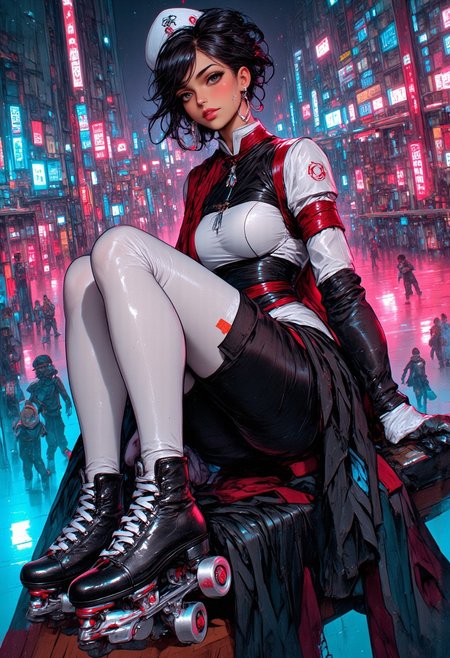 ArsNijiStyle, oil painting, rough, textural, broad brush strokes, the most sexy japanese nurse in white roller skates, sitting on bench in a neon-lit roller rink with people skating to disco music, best quality, masterpiece, high contrast, 8k, highly detailed, beautiful, wear dark eyeshadow, red lips, slender perfect body, (huge breasts: 1.2), thin waist, sexy long legs, black chinese cheongsam, long black updo, bangs, big hoop earrings, necklaces, fashionable and sexy, extremely detailed costume, low-angle shot, showed the roller skates, (huge breasts: 2.0), mythp0rt,