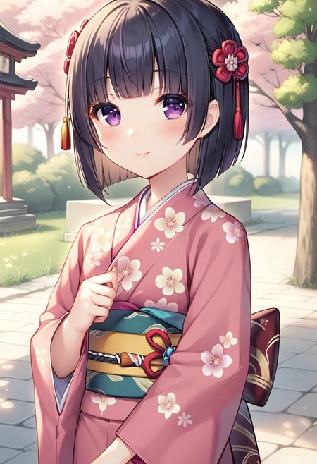 score_9, score_8_up, score_7_up, source_anime, 
detailed eyes, eye reflection,
shigure, black hair, bangs, blunt bangs, purple eyes,
short hair, hair ornament, hair flower, japanese clothes, kimono, pink kimono, print kimono, floral print, flower, long sleeves, wide sleeves, obi, tabi, socks, white socks, sandals, brown footwear,
outdoors, new year,
1girl, blush, smile,