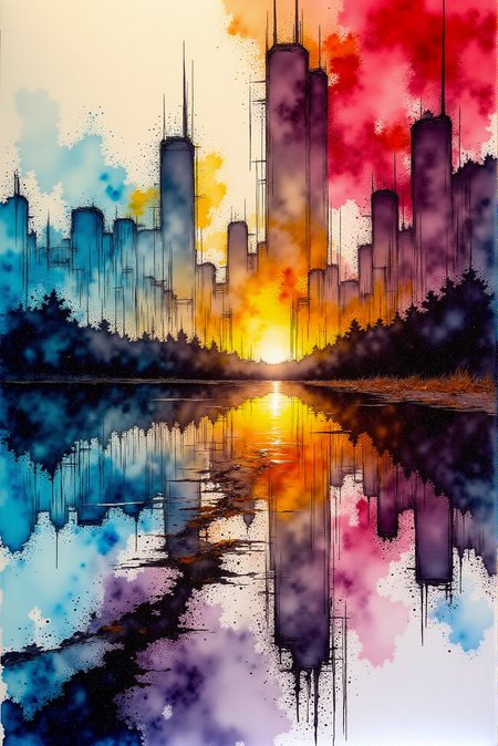 <lora:Vibrant_watercolor_v.22:0.9>   Breathtaking alcohol ink art glowing brightly in a fascinating symphony of geometric precision of lines and shapes complimented by meticulously rendered details, captured in a vibrantly and sharp style which consists of fluid and vibrant colors, unpredictable patterns, organic textures, translucent layers, abstract compositions, ethereal and dreamy effects, free-flowing movement, expressive brushstrokes, contemporary aesthetic, wet textured paper. Award-winning, professional, highly detailed. 