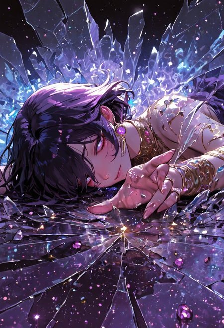 highres, very detailed, amazing quality, masterpiece,
very aesthetic, RBL-Illu, 
particle effect, looking through broken glass,
1girl, solo, body is broken glass, made from glass pieces, prism, prismatic effects
BREAK, 
prone, reaching out,
violet and gold background, gems, jewels