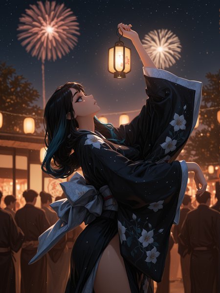 masterpiece, best quality, amazing quality, klskx, (nsfw, explicit:0.8), (2girls:1.9), multicolored hair, dark hair, long hair, eyebrows, thick eyelashes,
kimono, floral print kimono, dark blue kimono, dancing, holding lantern, outdoors, looking up, night sky, fireworks, festival, crowd, food stalls, warm lighting, stars, summer, (dark shadows:0.9), (high contrast:0.9), volumetric lighting, intricate details, blurry background, depth of field <lora:spo_sdxl_10ep_4k-data_lora_webui:1.0> <lora:illustriousXL_stabilizer_v1.23:1.0> <lora:illustrious_quality_modifiers_masterpieces_v1:0.6> <lora:klskx_wai:0.7000000000000001>