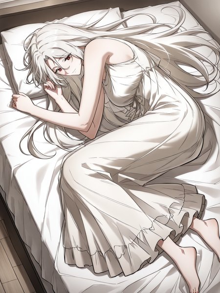 <lora:Omniscient_Readers_Viewpoint__Shin_Yoosung_adult:1>
1girl, solo, very long hair, white hair, straight hair, parted bangs, hair between eyes, red brown eyes,
white dress, flowing dress, layered dress, sleeveless dress, ankle length dress, soft fabric, ethereal look,
score_9, score_8_up, score_7_up, score_6_up, source_anime, masterpiece, best quality, top-down view, a beautiful woman lying on a bed, relaxed pose, long flowing hair spread on the pillow, soft lighting, cozy bedroom, gentle expression, elegant nightgown, delicate sheets, natural shadows, serene atmosphere, slight perspective distortion from above