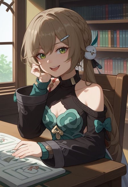score_9, score_8_up, score_7_up, source_anime, 1girl, qingquedef, green eyes, brown hair, long hair, twintails, braid, hair ornament, hairclip, small breasts, bare shoulders, shoulder cutout, clothing cutout, cleavage cutout, turtleneck, dress, long sleeves, skirt, tassel, mahjong tile, mahjong, sitting, on chair, table, head rest, smile, open mouth, looking at viewer, indoors, library, portrait, close-up, upper body, facing viewer, <lora:Qingque_v1-000010:1>