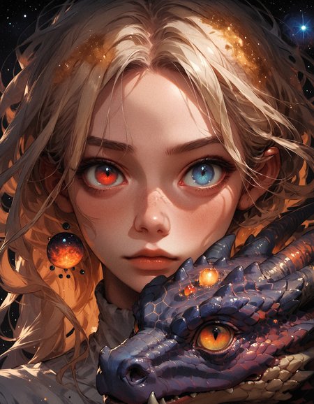 score_9, score_8_up, score_7_up, score_6_up, score_5_up, score_4_up,  girl and a dragon, black draon, girl has blonde hair and blue eyes, dragon red eyes, small eyes, galaxy, cosmic horror, black background