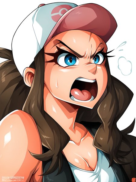 score_9, score_8_up, score_7_up, score_6_up, score_5_up, WitchK1ng, highres, simple background, solo, 1girl, hilda (pokemon), baseball cap, mouth open, angry,   <lora:WitchkingStyle-05:1>