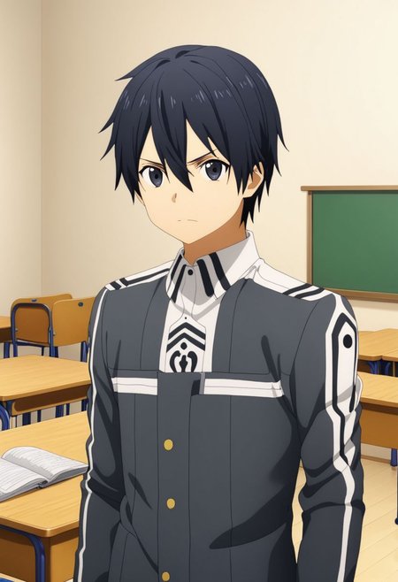 high resolution, professional photography, best quality, 1Boy, Kirigaya Kazuto, Black Hair, Black Eyes, overalldetail, classroom, school, school uniform